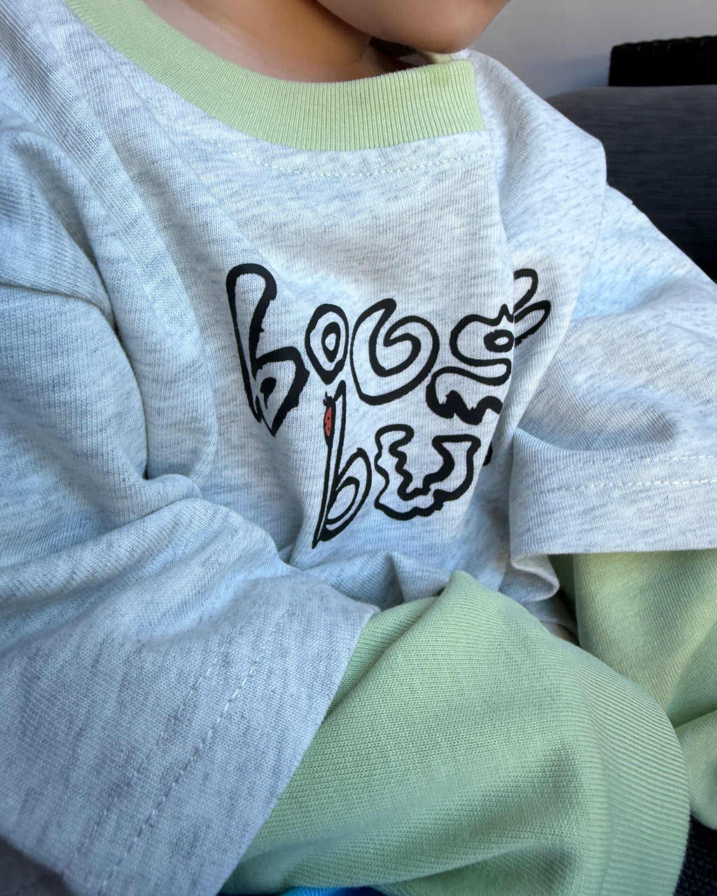 Light gray sweatshirt with black abstract design on a light green background