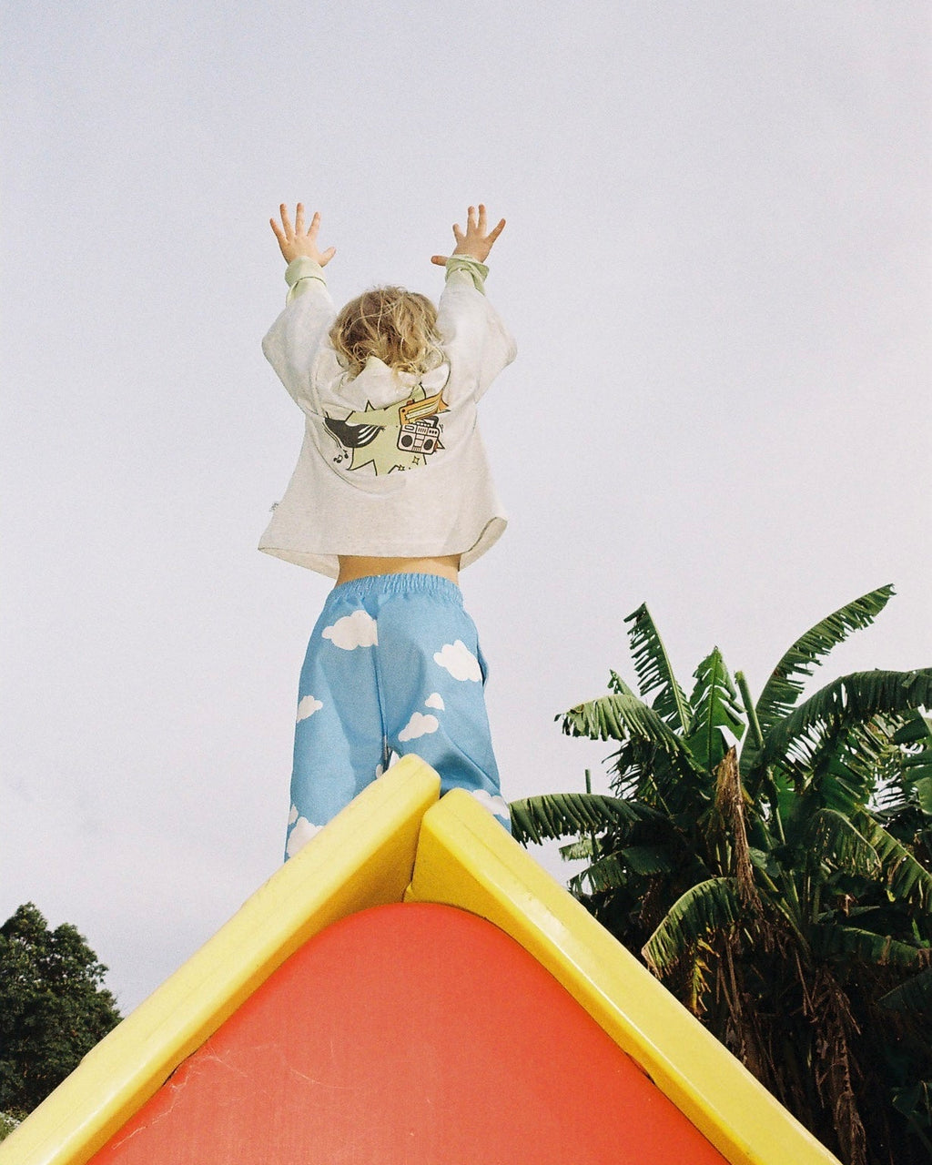 Child on top of a playground slide with trees in the background